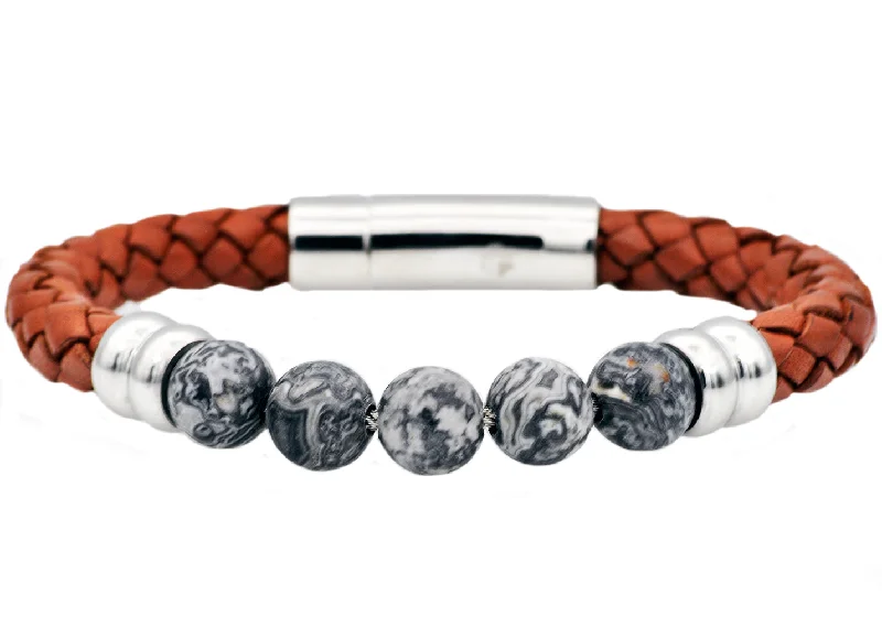 Twisted women bracelets-Mens Genuine Gray Jasper And Brown Leather Stainless Steel Beaded Bracelet