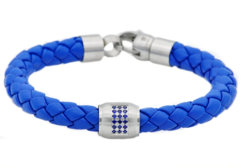 Antique women bracelets-Mens Blue Leather Stainless Steel Bracelet With Blue Cubic Zirconia