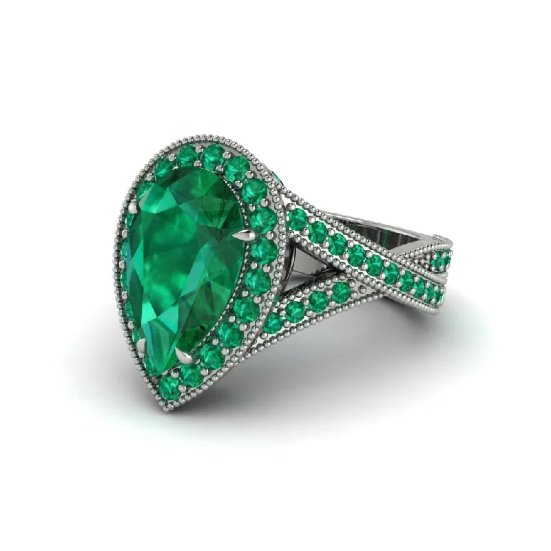 Cushion cut engagement rings for women-Halo Split Shank Pear Emerald Engagement Ring - Loretta No. 21