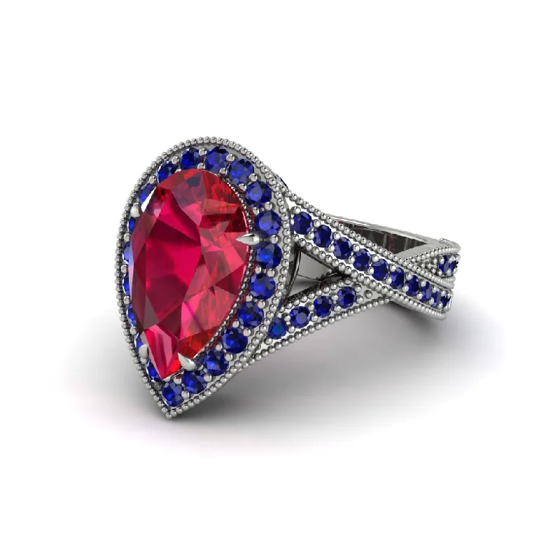 Engagement rings with an intricate design for women-Halo Split Shank Pear Ruby Engagement Ring - Loretta No. 72