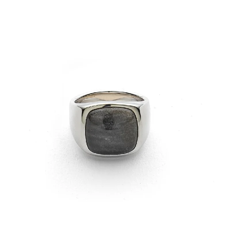 Sapphire engagement women rings-Signet Ring Silver Obsidian