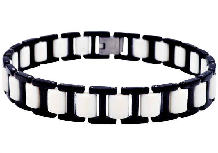 Elegant silver women bracelets-Mens White Silicone And Black Plated Stainless Steel Bracelet