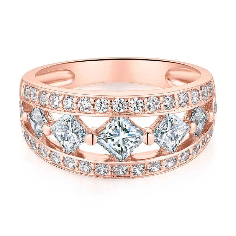 Classic women rings-Princess Cut and Round Brilliant Dress ring with 1.71 carats* of diamond simulants in 10 carat rose gold