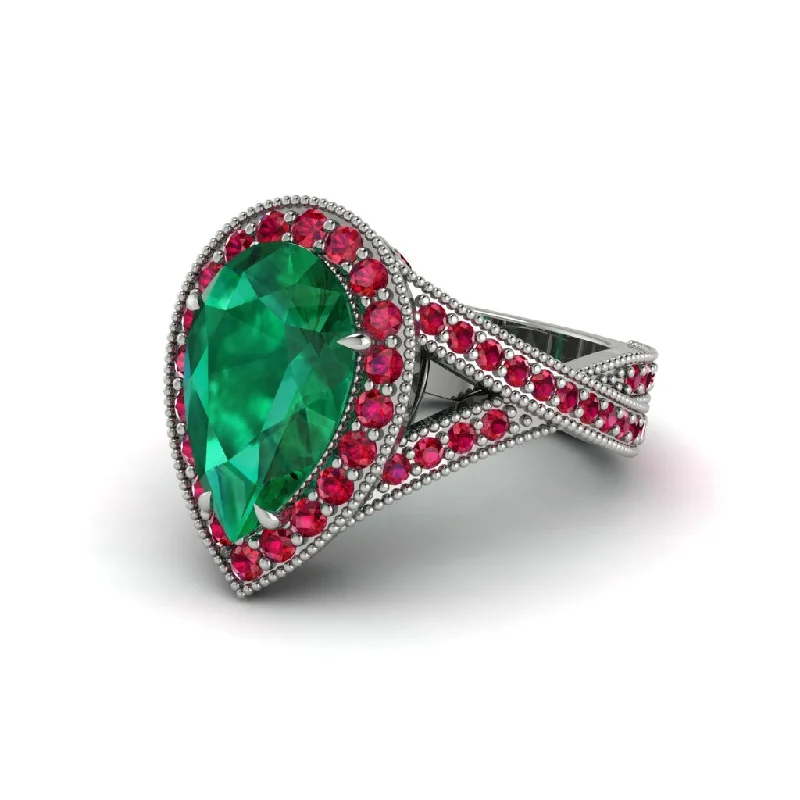 Engagement rings with round diamonds for women-Halo Split Shank Pear Emerald Engagement Ring - Loretta No. 51