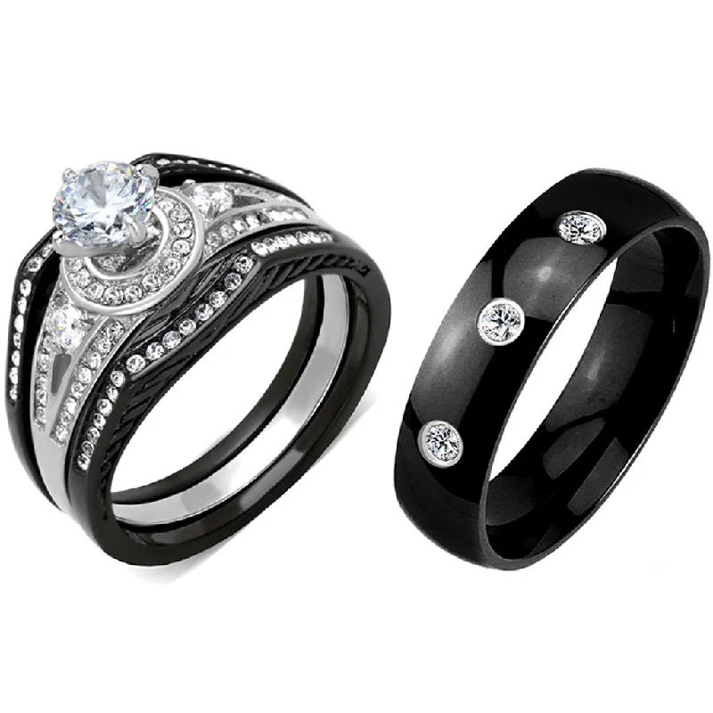 Engagement rings with diamond accents for women-4 PCS Couple Black IP Stainless Steel 6x6mm Round Cut CZ Engagement Ring Set Mens 3 CZ Band