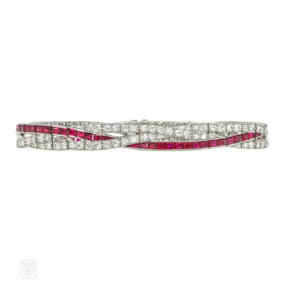 Luxury diamond women bracelets-Art Deco J.E. Caldwell ruby and diamond bracelet