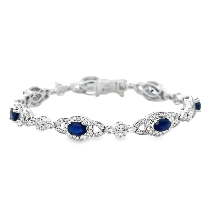 Silver diamond women bracelets-Vintage Inspired Sapphire and Diamond Bracelet in White Gold