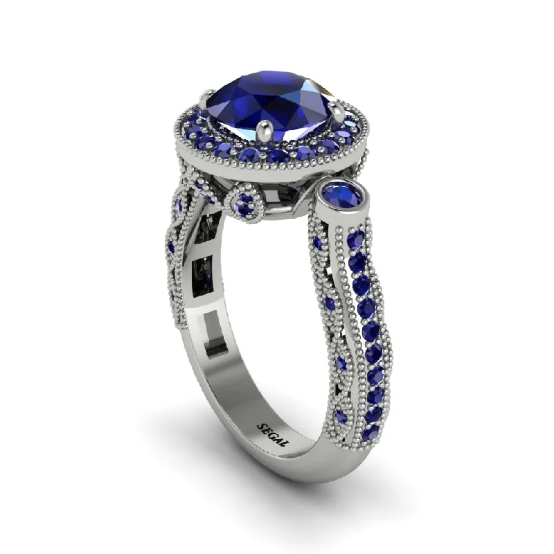 Engagement rings with vintage settings for women-Milgrain Halo Pave Sapphire Engagement Ring - Mabel No. 75