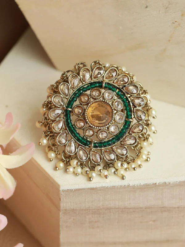 Couple’s women rings-Gold-Plated Green & White Kundan-Studded & Beaded Adjustable Finger Ring