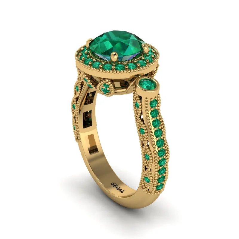 Engagement rings with eternity bands for women-Milgrain Halo Pave Emerald Engagement Ring - Mabel No. 19