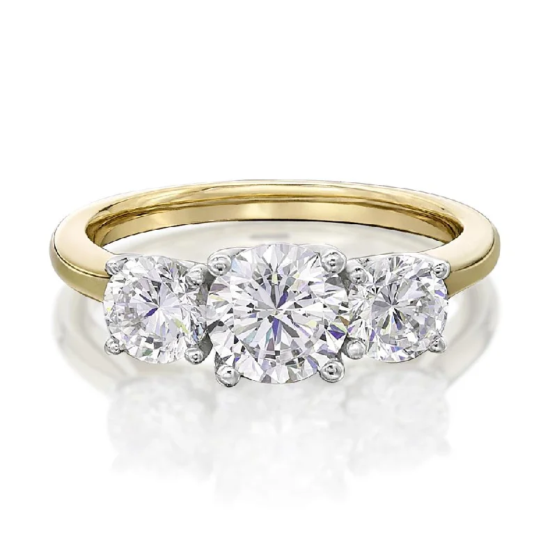 Simple women rings-Three stone ring with 2 carats* of diamond simulants in 10 carat yellow and white gold