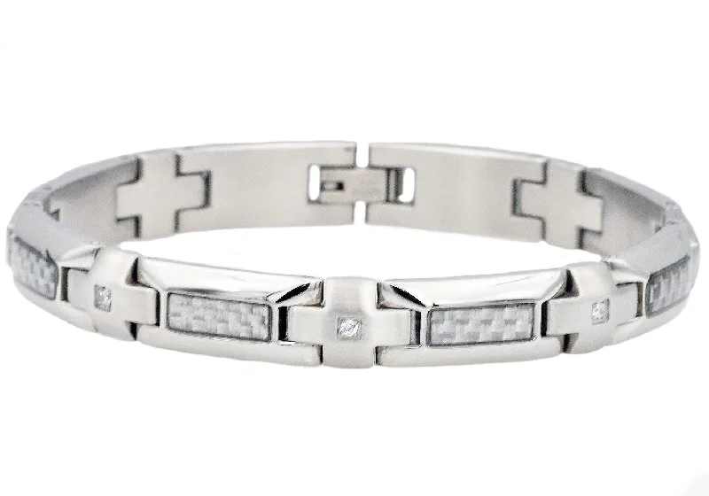 Large women bracelets-Mens Stainless Steel Bracelet With Cubic Zirconia And White Carbon Fiber