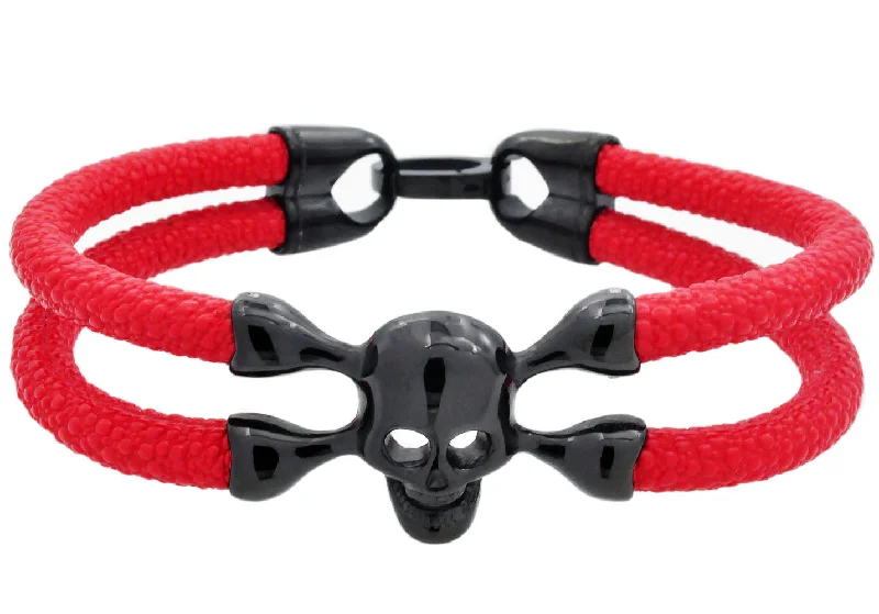 Layered women bracelets-Mens Red Leather And Black Stainless Steel Skull Bracelet