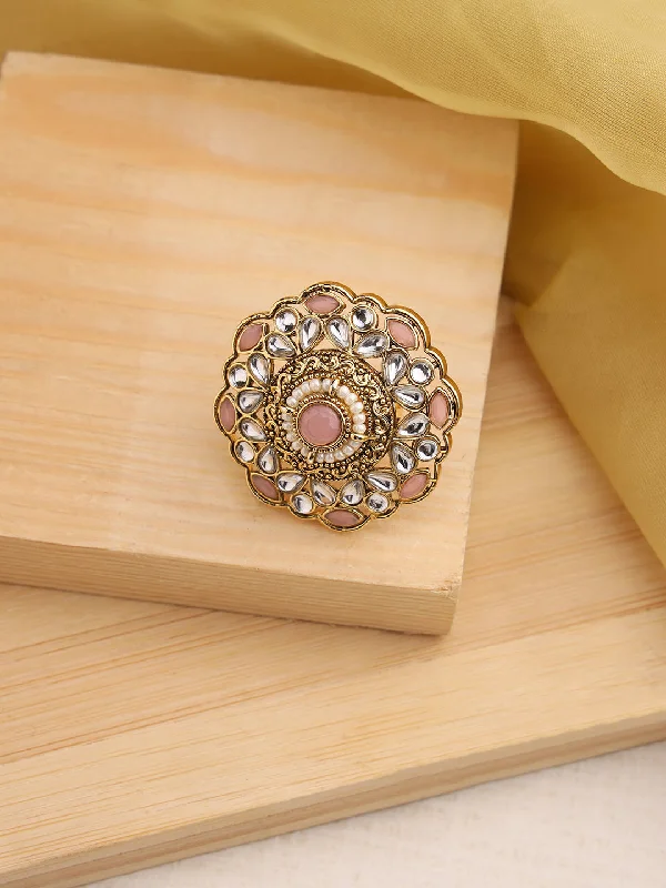 Moon women rings-Gold-Plated Pink Kundan-Studded & Beaded Adjustable Traditional Finger Ring