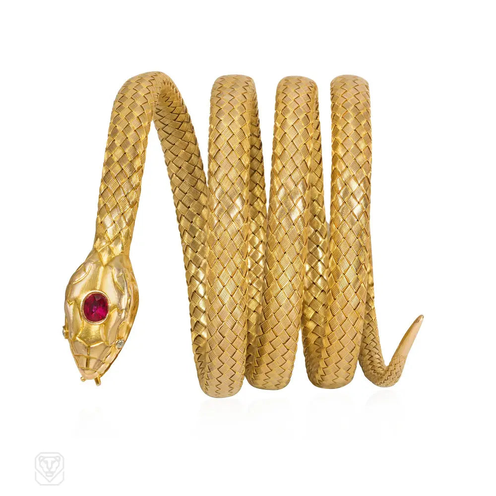 Gold women bracelets-Antique woven gold coiled snake bracelet with gemset head