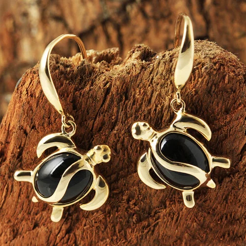 Statement women earrings-14K Yellow Gold Black Coral Inlaid Honu (Hawaiian Turtle) Hook Earrings