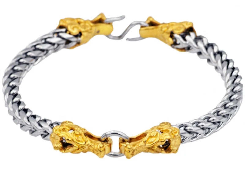 Luxury gold women bracelets-Mens Two Tone Gold Stainless Steel Franco Link Chain Dragon Bracelet