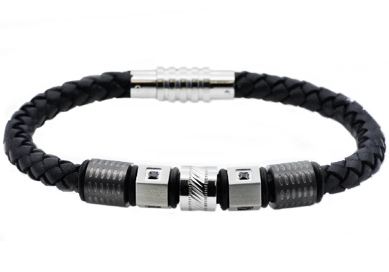 Wedding women bracelets-Mens Black Leather And Stainless Steel Bracelet With Black Cubic Zirconia