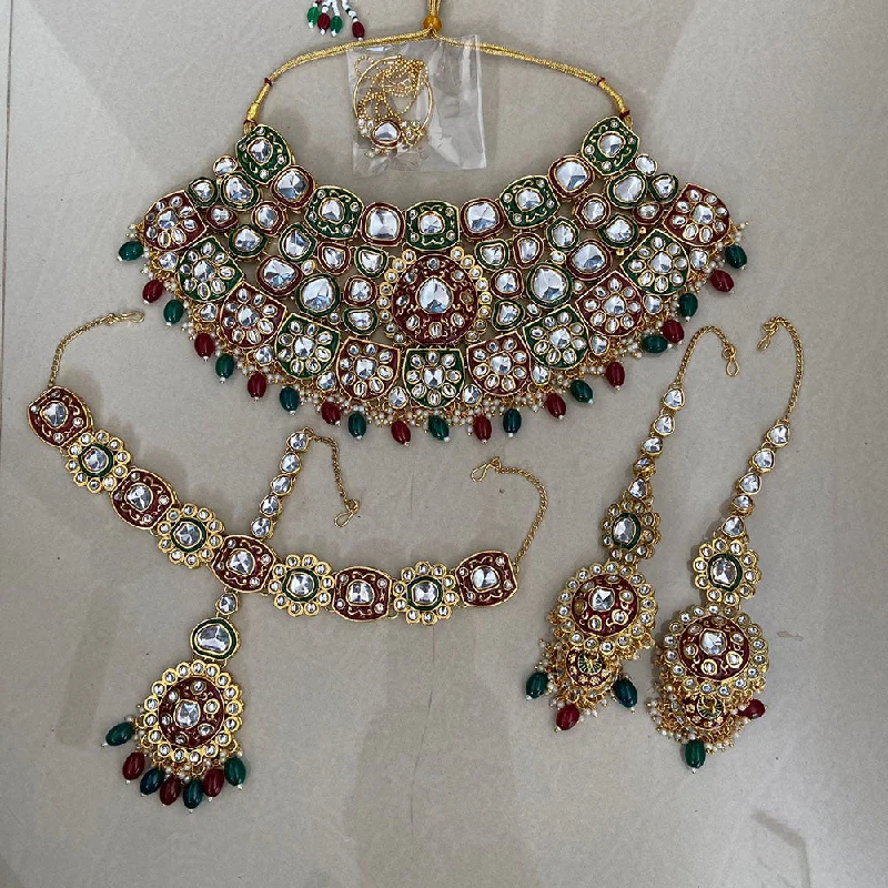 Flower women necklaces-India Art Gold Plated Kundan Stone And Beads Semi Bridal Necklace set