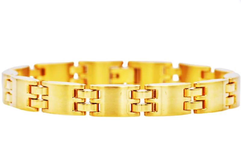 Gold cuff women bracelets-Mens Matte Finish Gold Stainless Steel Bracelet