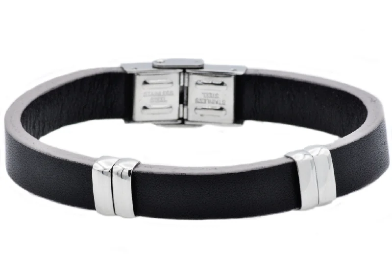 Elegant bangle bracelets for women-Mens Black And Gray Leather Stainless Steel Bracelet