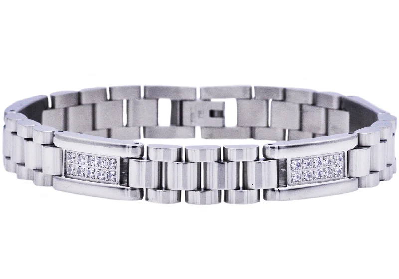 Unique bangle bracelets for women-Mens Polished Stainless Steel Link Bracelet With Cubic Zirconia