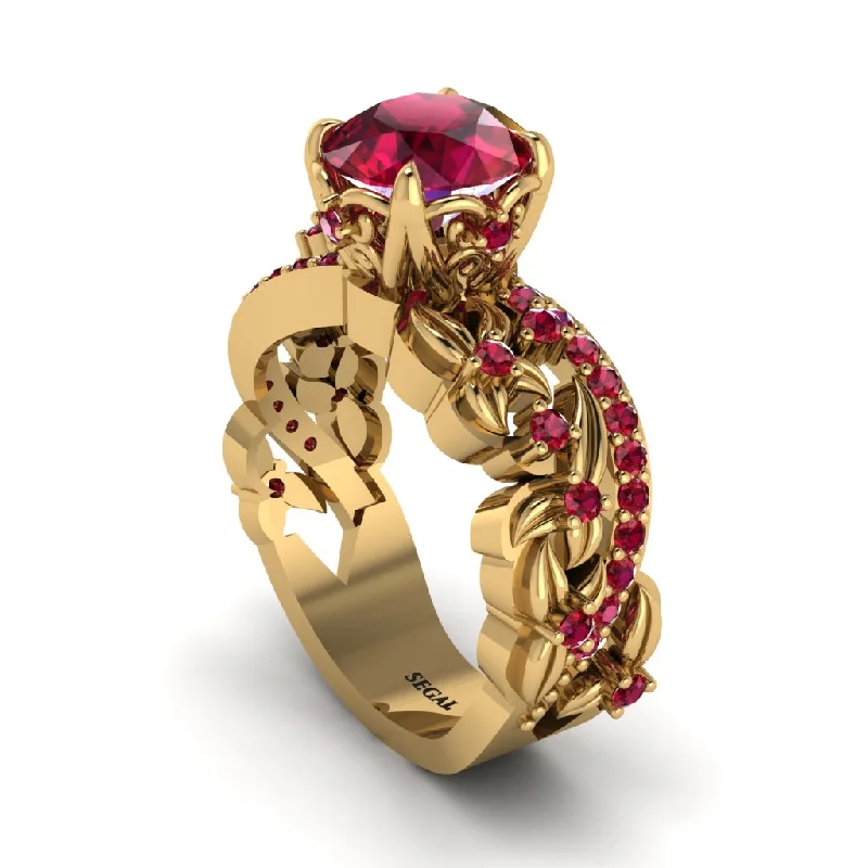 Engagement rings with opals for women-Round Floral Cathedral Ruby Engagement Ring - Lindsay No. 55