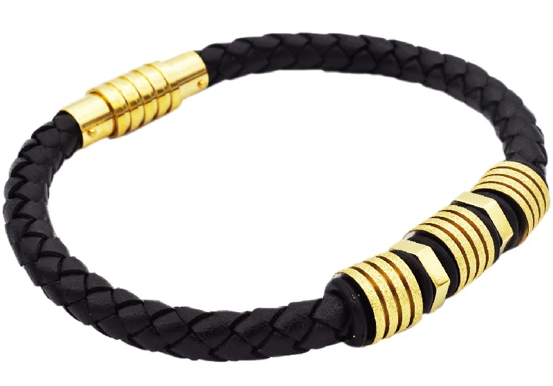 Custom women bracelets-Mens Black Leather Sandblasted Gold Stainless Steel Bracelet