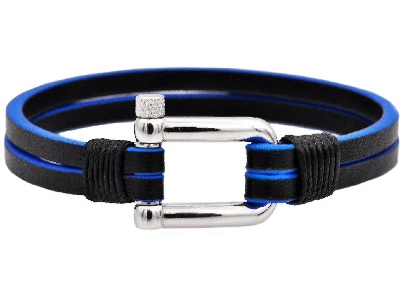 Mixed metal women bracelets-Mens Black And Blue Leather Stainless Steel Bracelet