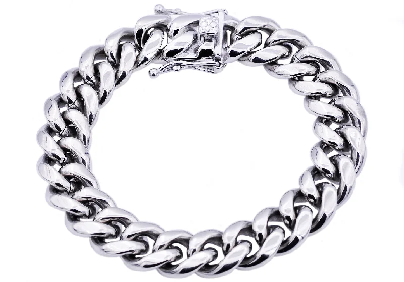 Elegant charm women bracelets-Mens 14mm Stainless Steel Cuban Link Chain Bracelet With Box Clasp