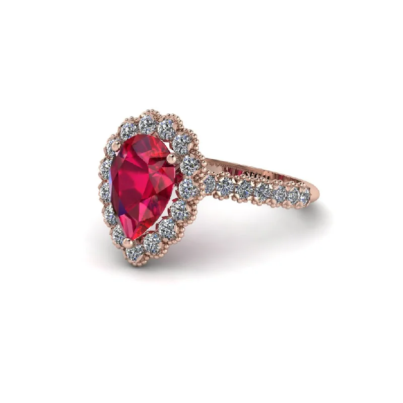 Sparkling engagement rings for women-Halo Pear Ruby Pave Engagement Ring - Ingrid No. 11