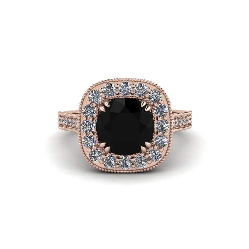 Elegant solitaire engagement rings for women-Milgrain Halo Round Black Diamond Engagement Ring - Odette No. 8