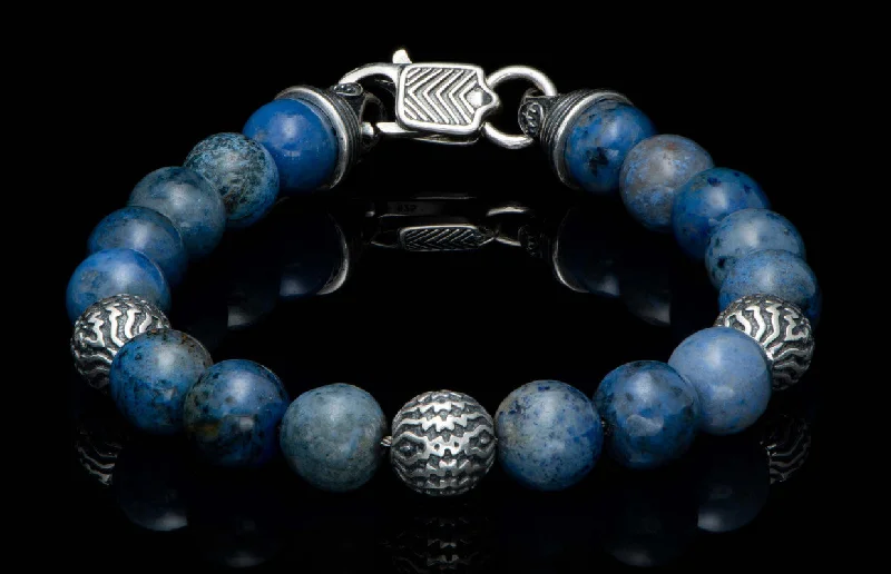 Luxury women bracelets-Seaside - Dumortierite, Beaded bracelet with sculpted sterling silver and dumortierite