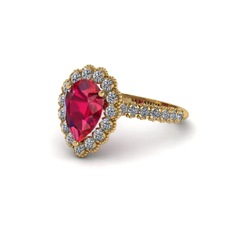 Engagement rings with halo settings for women-Halo Pear Ruby Pave Engagement Ring - Ingrid No. 10