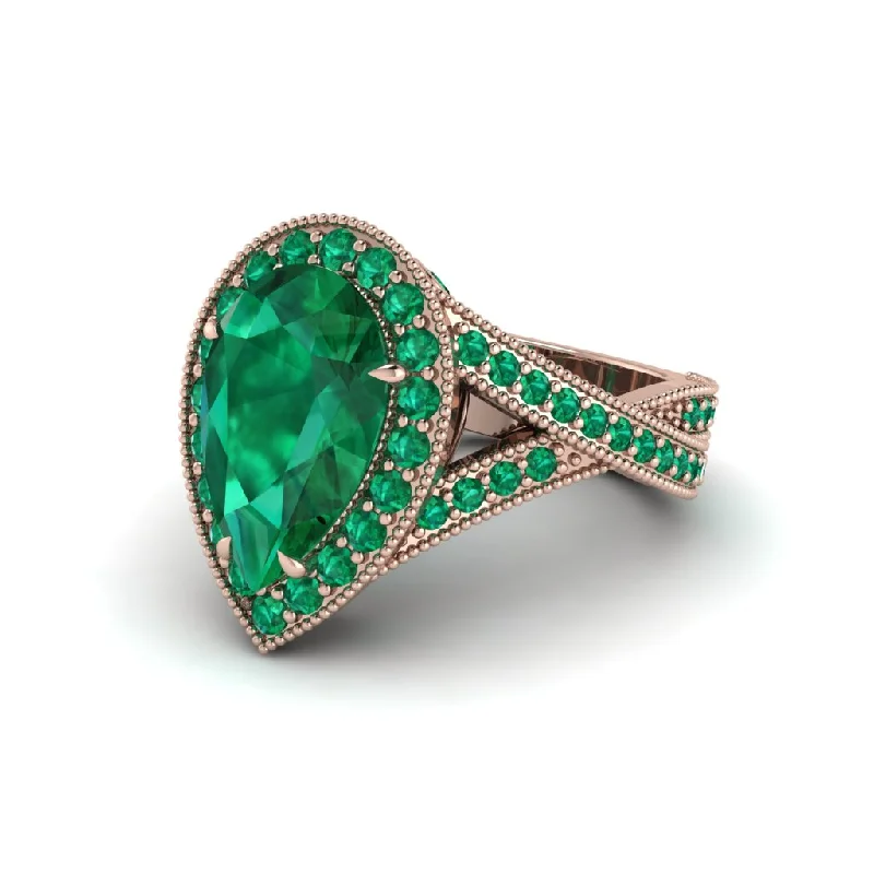 Oval engagement rings for women-Halo Split Shank Pear Emerald Engagement Ring - Loretta No. 20