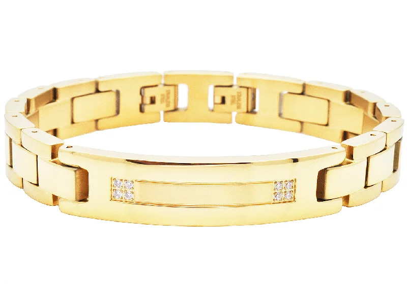 Fashion bangle bracelets for women-Mens Gold Plated Stainless Steel ID-Engravable Bracelet With Cubic Zirconia