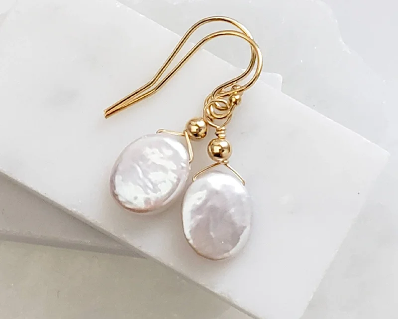 Geometric women earrings-Dainty Coin Pearl Earrings