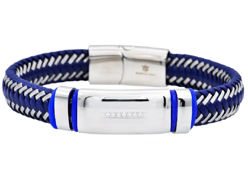 Boho women bracelets-Mens Blue Leather And Blue Stainless Steel Bracelet With Cubic Zirconia