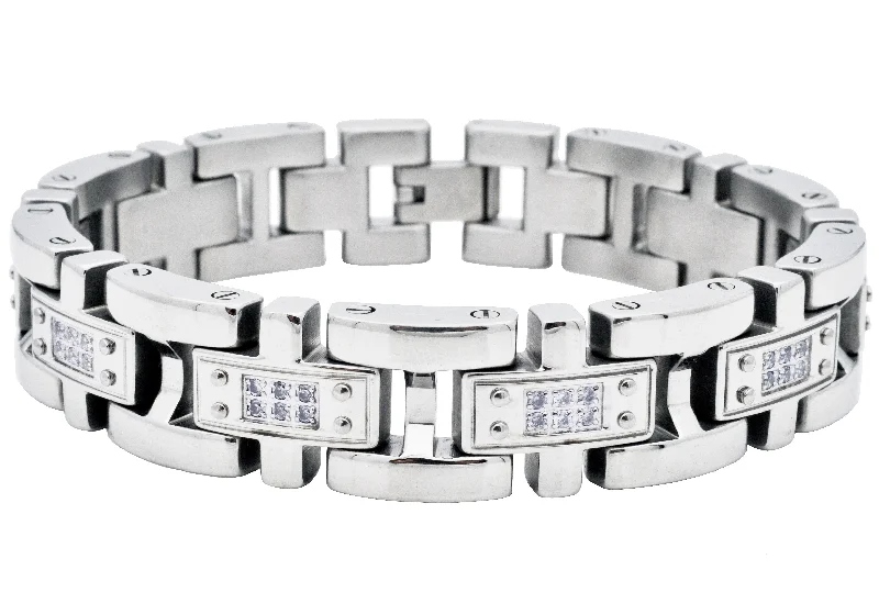 Silver women bracelets-Mens Stainless Steel Link Bracelet With Cubic Zirconia