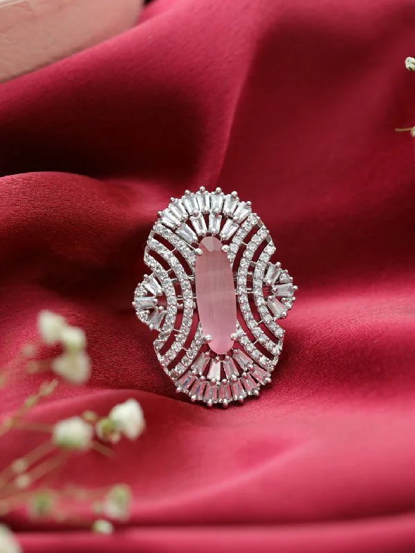 Antique style women rings-Pink American Diamond Studded,Silver-Plated Cz Studded Adjustable Finger Ring