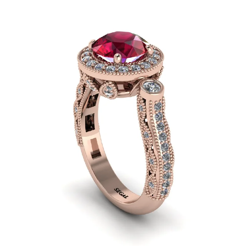 Simple engagement rings for women-Milgrain Halo Pave Ruby Engagement Ring - Mabel No. 11