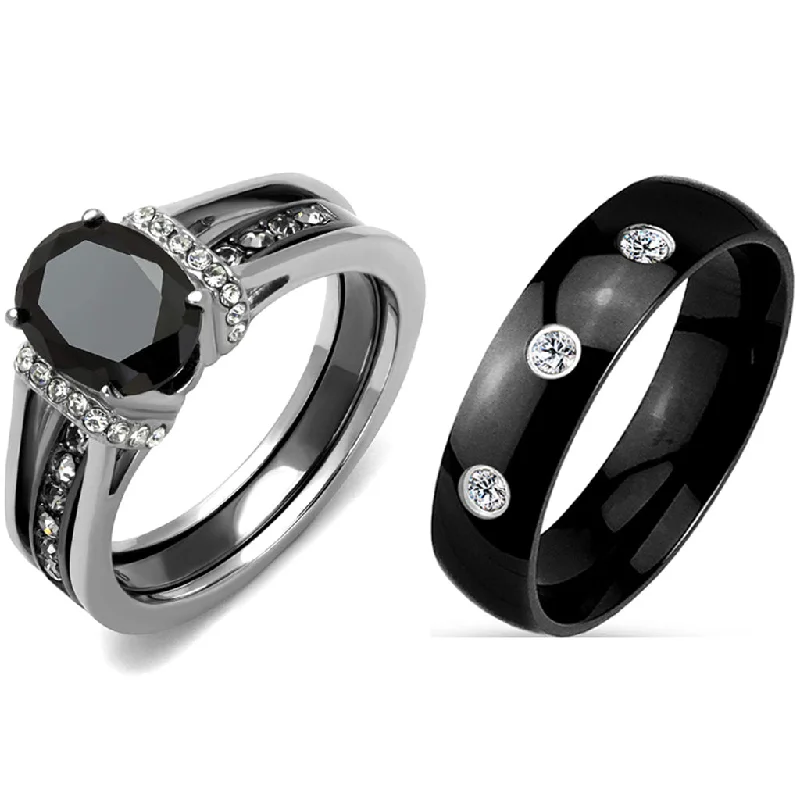 Engagement rings with a thick band for women-3 PCS Couple Black IP Stainless Steel 8x6mm Oval Cut CZ Engagement Ring Set Mens Band With 3 CZ