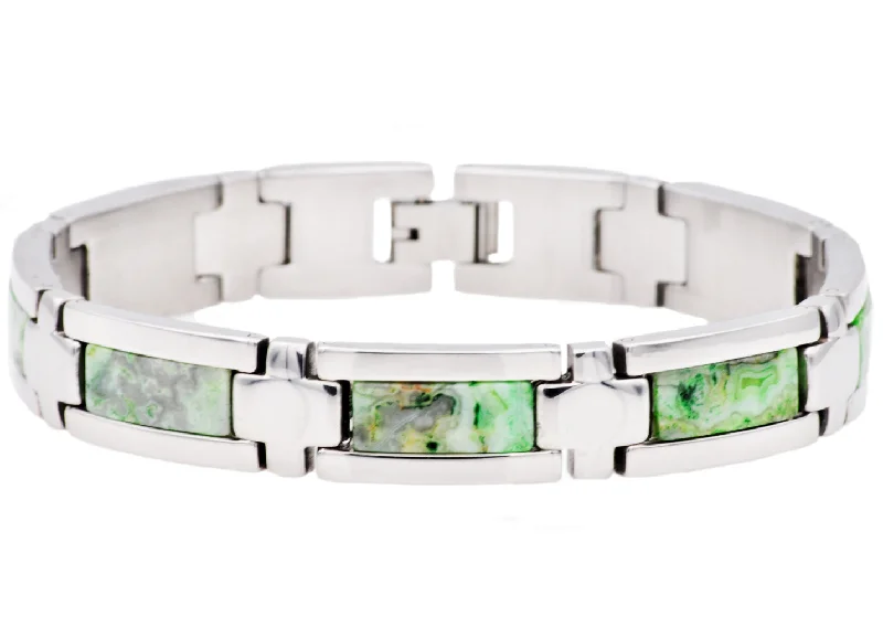 Crystal women bracelets-Mens Genuine Green Lace Agate Stainless Steel Bracelet