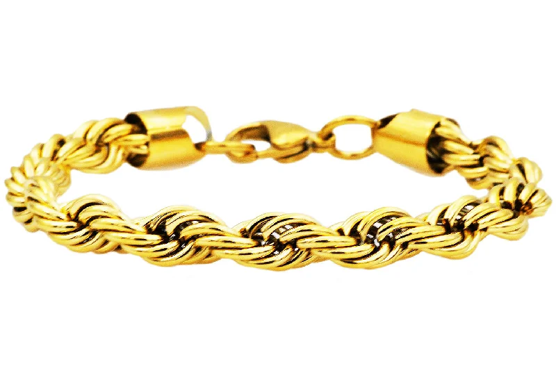 Unique bangle bracelets for women-Mens Gold Stainless Steel Rope Chain Bracelet