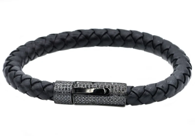 Birthstone women bracelets-Mens Black Leather And Black Stainless Steel Bracelet With Black Cubic Zirconia