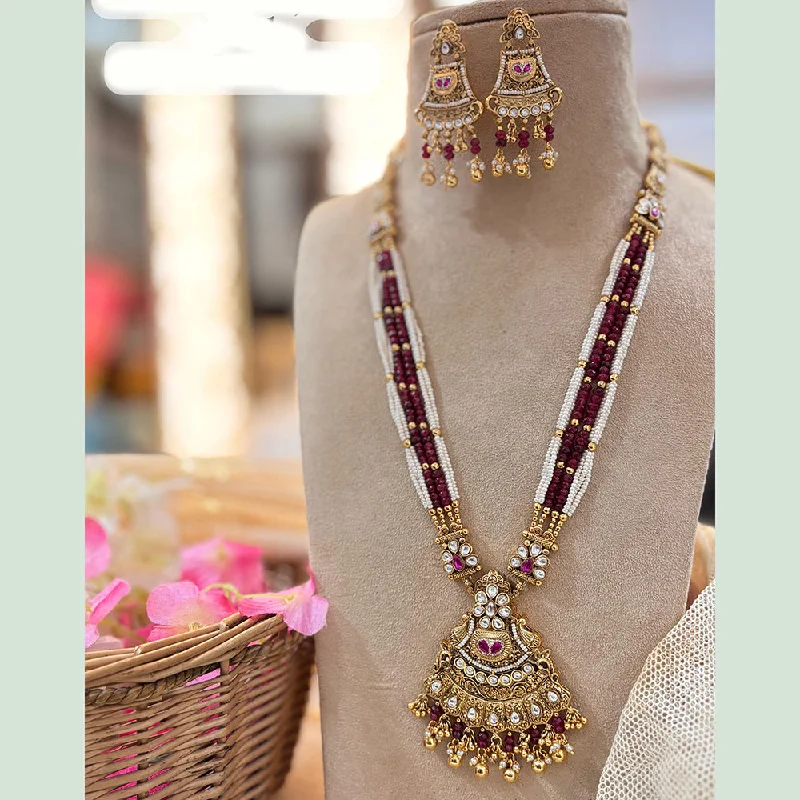 Pearl women necklaces-Jewel Addiction Gold Plated Polki Kundan Pearl And Beads Long Necklace Set