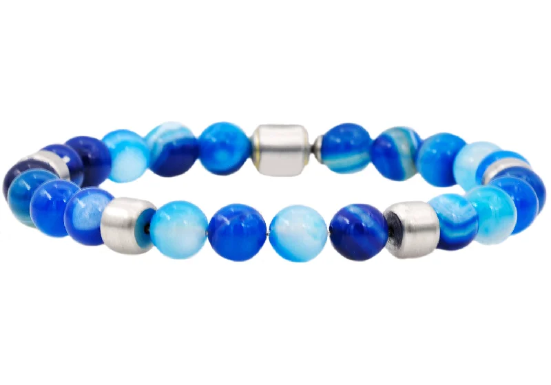 Trendy women bracelets-Mens Genuine Blue Agate Stainless Steel Beaded Bracelet