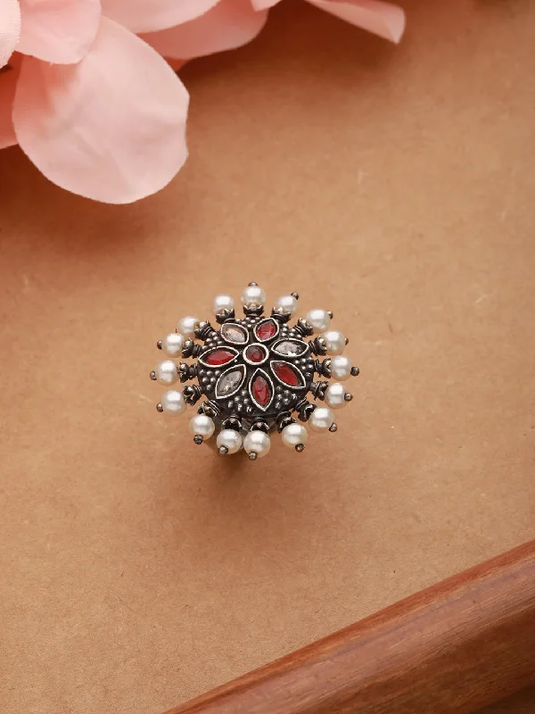 Cute women rings-Oxidized Silver-Plated Red & White Stone-Studded & Pearl Adjustable Finger Ring