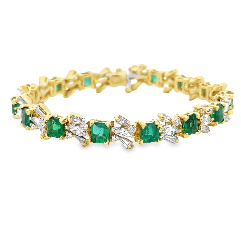 Gold cuff women bracelets-Stunning Vintage 18k Yellow Gold Emerald and Diamond Bracelet