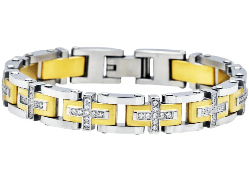 Modern bangle bracelets for women-Mens Gold Stainless Steel Cross Bracelet With Cubic Zirconia